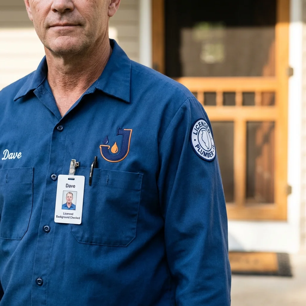 Licensed plumber showing ID badge in Russellville, AL