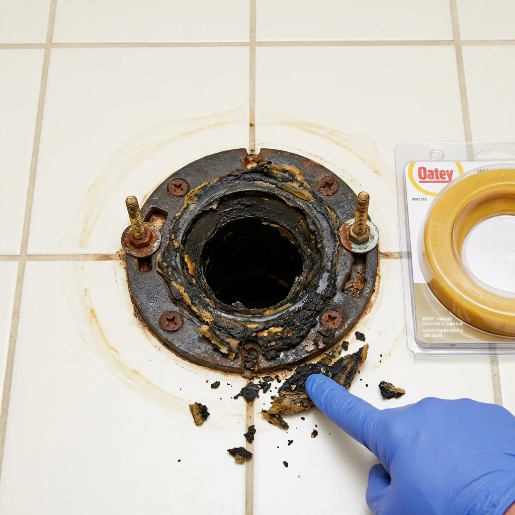 Failed wax ring showing water seepage at the base of a toilet in a Russellville, AL home