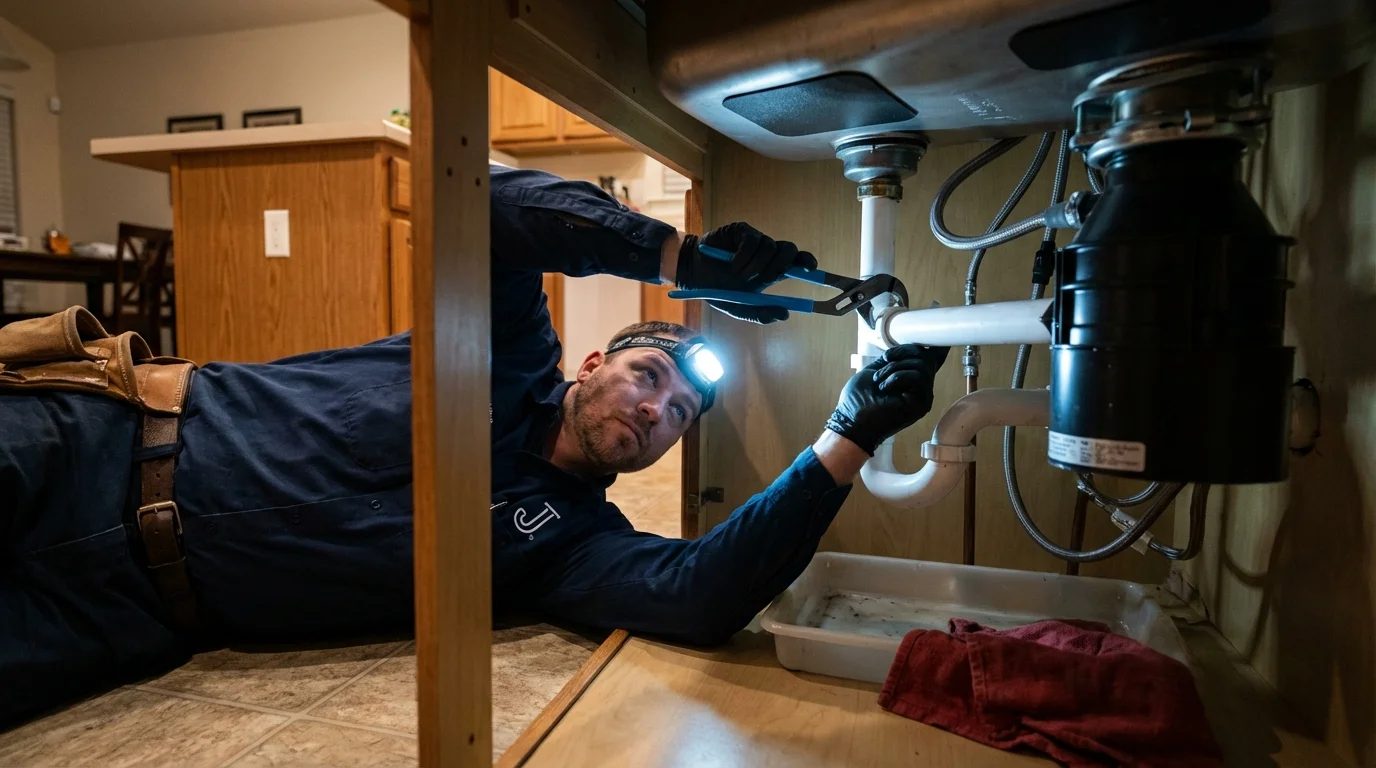 P-trap and supply line connections under a kitchen sink showing a common leak point in Russellville, AL
